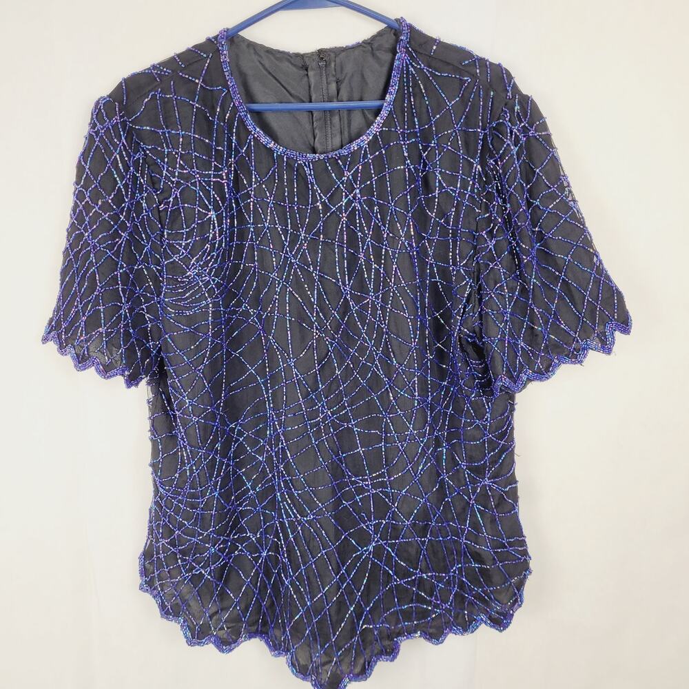 Vintage Papell Boutique black iridescent beaded short sleeve scallop hem blouse